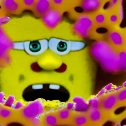 Image similar to 4k shot macro lence of a Spong that looks exactly as Spongebob inside a coral reef