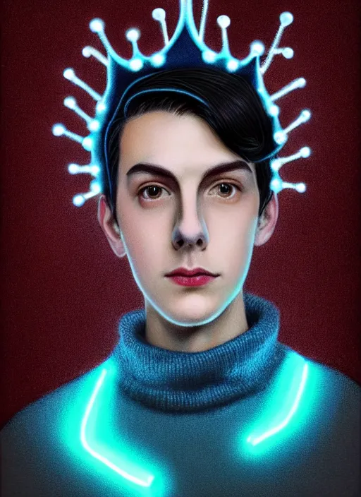 Image similar to portrait of teenage jughead jones wearing a light grey crown, crown, blue turtleneck, 1 9 5 0 s, closed eyes, photorealistic, black hair, glowing lighting, intricate, elegant, glowing lights, highly detailed, digital painting, artstation, concept art, smooth, sharp focus, illustration, art by wlop, mars ravelo and greg rutkowski