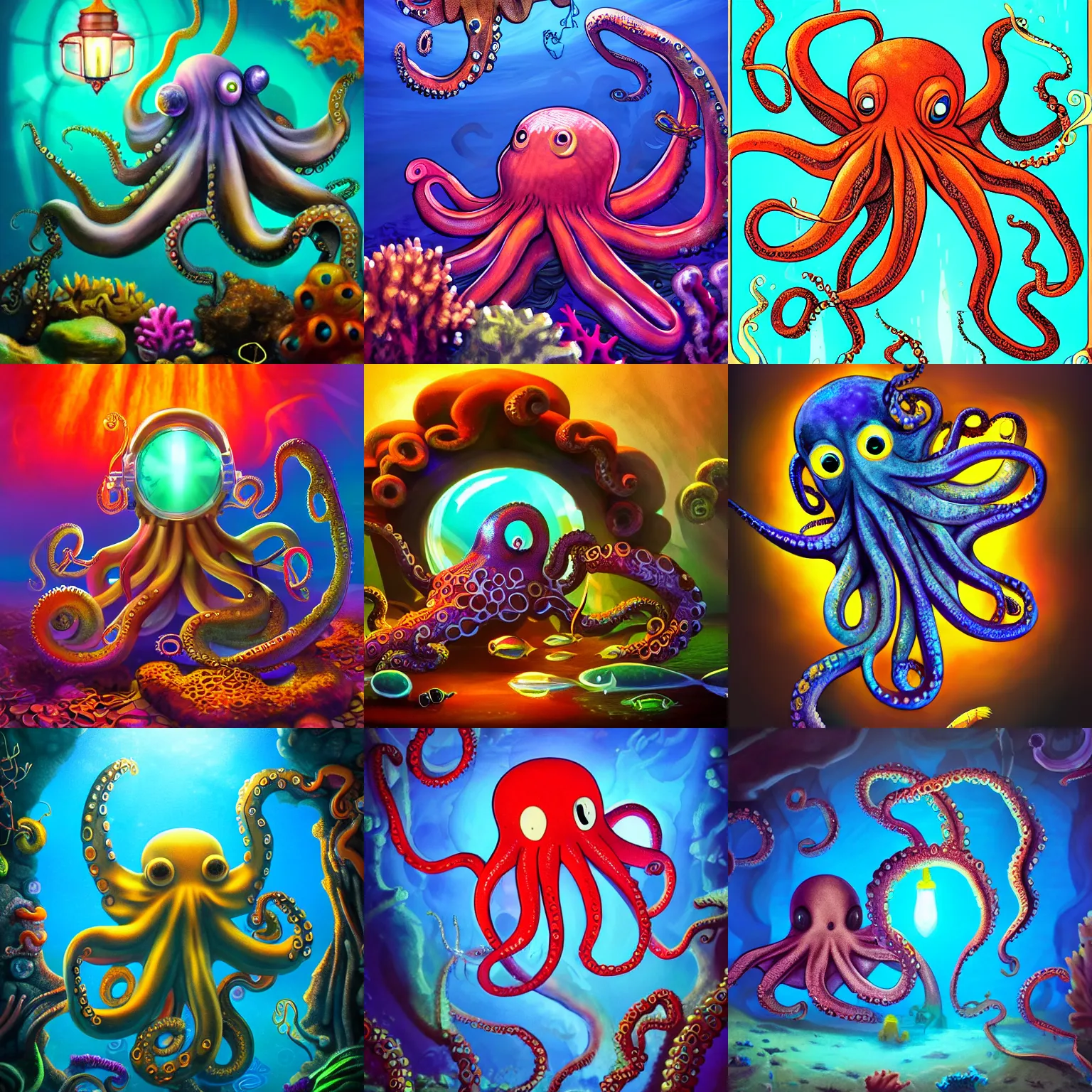 Prompt: octopus wizzard, magical lights, fishes, ocean, underwater, cave, mystical, goggles, lamp, dramatic light, full of color, atmospheric, fine detailed, trending on Artstation