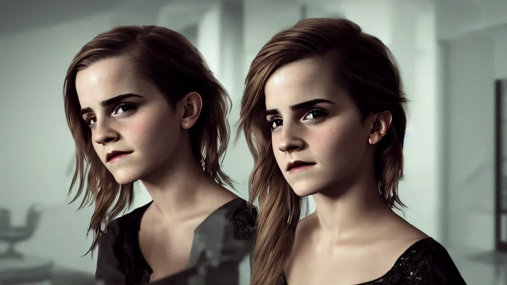 Image similar to a photorealistic dramatic emma watson looking into a broken mirror, ultra realistic details, glossy surface, global illumination, shadows, dark background, octane render, 8 k