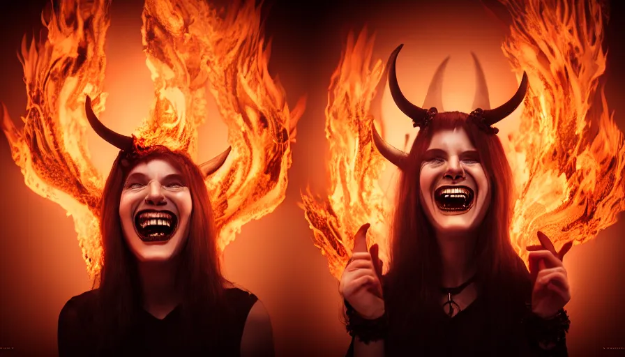 Image similar to portrait of a beatuiful laughing woman with horns made of flames in gothic attire, creepy vibe, studio photography, studio lighting, realistic render, octane render, 4 k, 8 k, face in focus