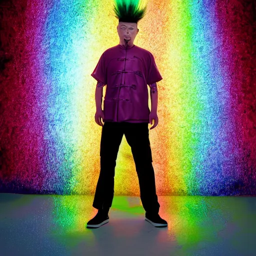 Prompt: chinese man with rainbow mohawk, portrait photo, light coming from the left side