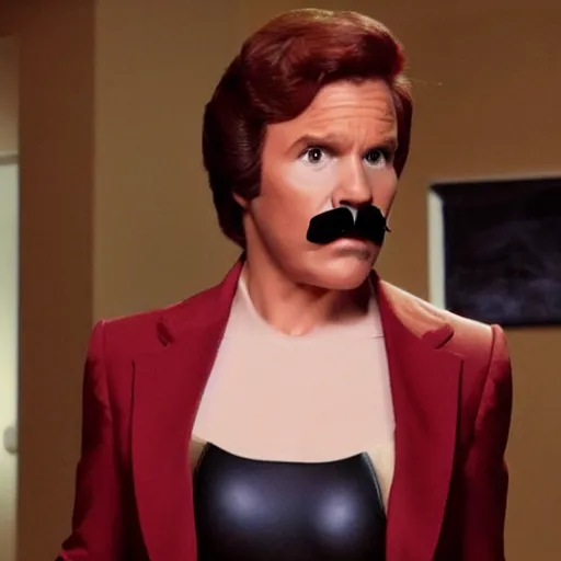 Prompt: a movie still of Ron Burgundy as cat woman, skin tight outfit
