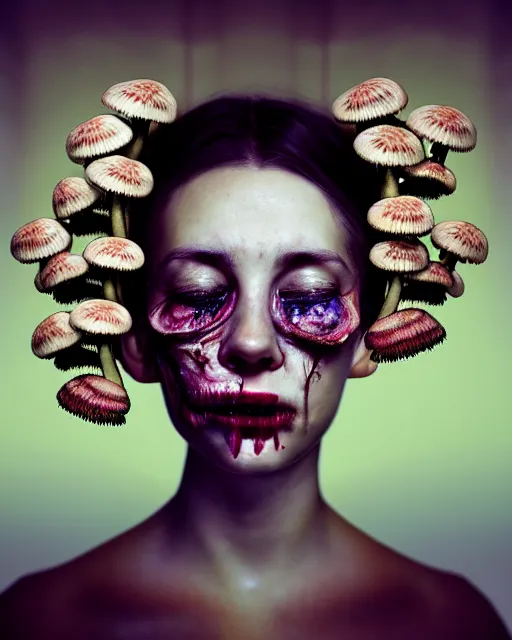 Prompt: a disturbing horror photograph of a beautiful crying woman with flowers and fungus growing out of her head m, intricate, hyperrealism, sharp focus, cinematography, highly detailed, octane render, digital horror artwork, matte, photography by professional photographer