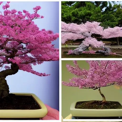 Prompt: photo of time lapse sequence of a sakura seed growing into a sakura bonsai tree