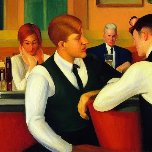 Prompt: a detailed painting, blonde man at a bar, edward hopper,