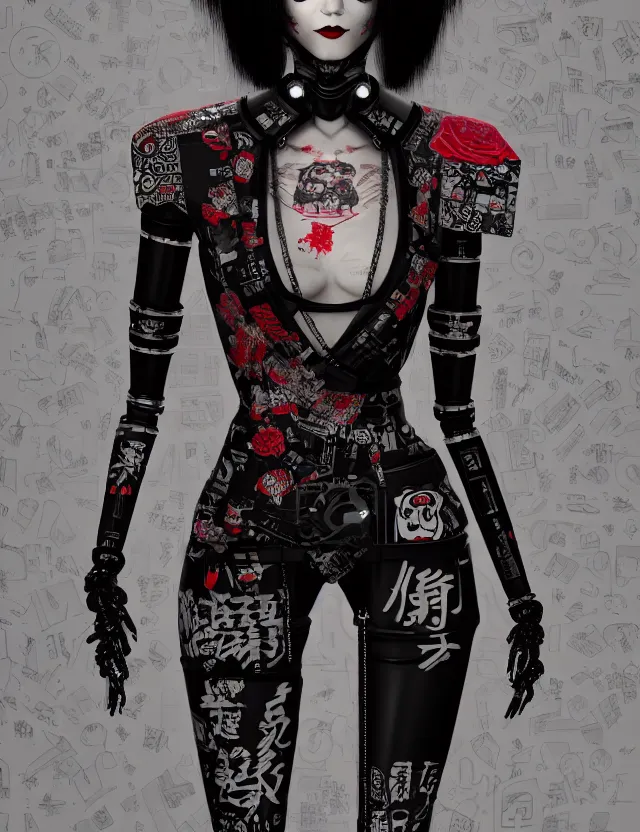 Image similar to full body portrait of a gothic style punk geisha robot with kanji tattoos and decals wearing a digital pixelated kimono, intricate design, photo - realistic, octane render, ultra fine detailed, character design, trending on artstation