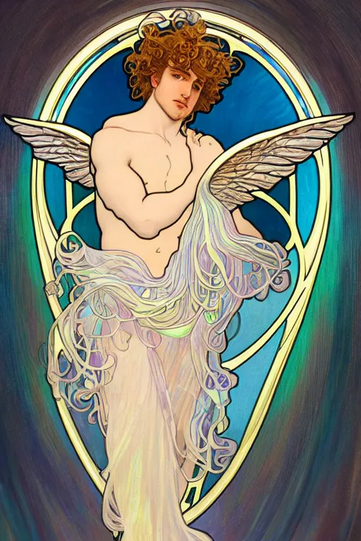 Image similar to full figure art nouveau window depicting a beautiful young fit male angel with curly blond hairs, dressed with fluent clothes, majestic wings, luminous halo, by alfons mucha, d & d character, gradient white to gold, in front of an iridescent background, highly detailed portrait, digital painting, artstation, concept art, smooth, sharp focus, illustration, artstation hq