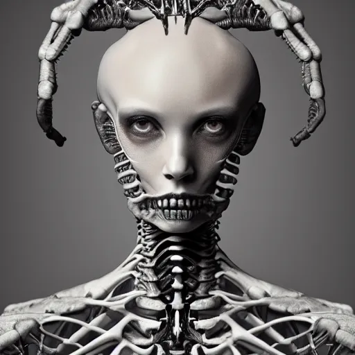 Prompt: ! dream hyperrealistic photography of a highly detailed and symmetrical gorgeous cyborg female, rib cage, in the style of beth cavener, jin kagetsu, james jean and wlop, highly detailed, face symmetry, masterpiece, award - winning, sharp focus, intricate concept art, ambient lighting, 8 k, artstation