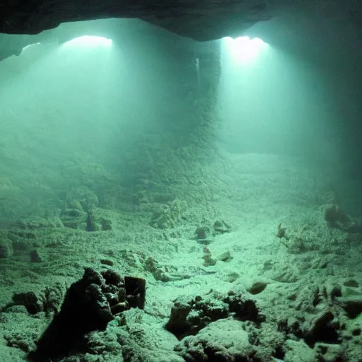 Image similar to photo of dangerous dark depths of an ancient underwater cave liminal