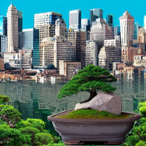 Image similar to a city on top of a bonsai tree, realistic