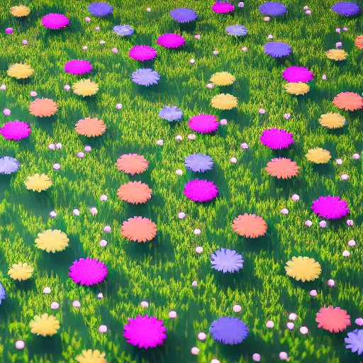 Prompt: puzzle pieces rain from the sky at a field of flowers. octane render, 8k.