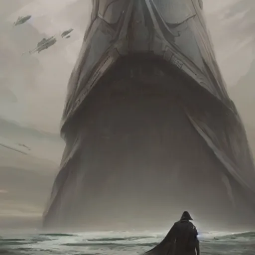 Image similar to star wars concept art by greg rutkowski, a palatial and imposing grey tall man in dark clothes godemerging from the sea in the middle of a ocean landscape, enigmatic atmosphere, beautiful and cinematic lighting, artstation hq.