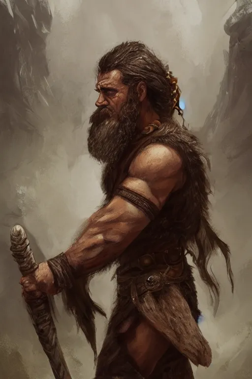 Image similar to a full body fantasy portrait oil painting illustration of a single rugged stoic barbarian man by Justin Sweet with face and body clearly visible, d&d, rpg, forgotten realms, artstation trending, high quality, sombre mood, artstation trending, muted colours, no crop, entire character,