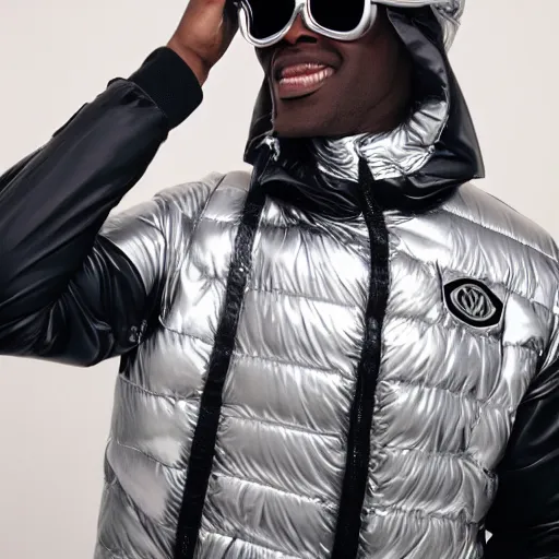 Prompt: photo, black man, silver metallic moncler jacket, silver reflective circular sunglasses, head and shoulders portrait, fisheye lens