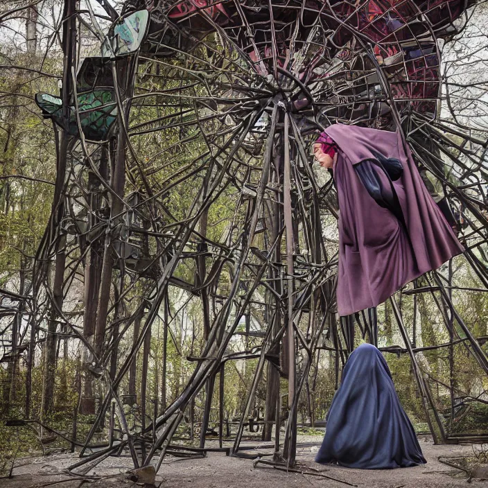 Image similar to a cloaked figure in an abandoned amusement park, by omar z. robles, canon eos c 3 0 0, ƒ 1. 8, 3 5 mm, 8 k, medium - format print