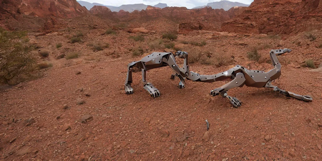 Prompt: giant metal robotic caracal 1 0 0 meters around and 1 million years old discovered after the rain washed away the sand and dirt, in a canyon in the utah desert