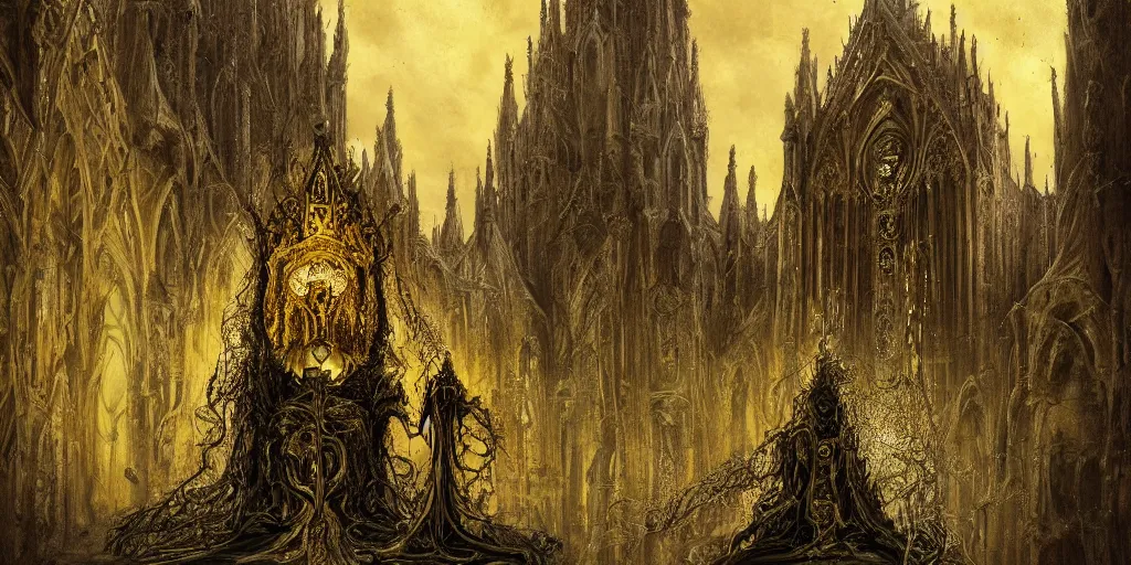 Prompt: a tall towering huge pale human wearing a yellow garment sitting upon an ornate stone throne, 4K, digital art, lovecraftian, lovecraft art, artstation, horror, dramatic, wearing a long yellow rotting garment, dark, hyperrealistic, dramatic perspective, complex (((dark))) cathedral background, dark background, highlights, extremely detailed,