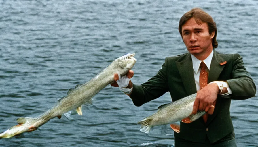 Image similar to 7 0 s movie still of putin catching a salmon with his hands, cinestill 8 0 0 t _ 3 5 mm eastmancolor, heavy grain, high quality, high detail