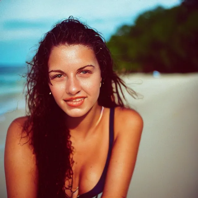 Prompt: 90s portrait photograph of an attractive Florida woman in her 20s, in a swimsuit at a beach, editorial photography medium shot, 85mm