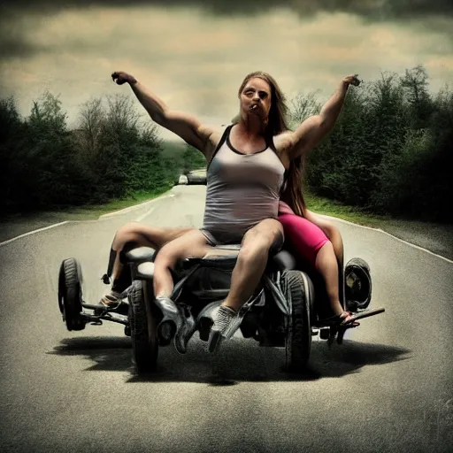 Image similar to side car, bodybuilder, woman, holding, road, photo, digital art, hands, underbody, tire, standing