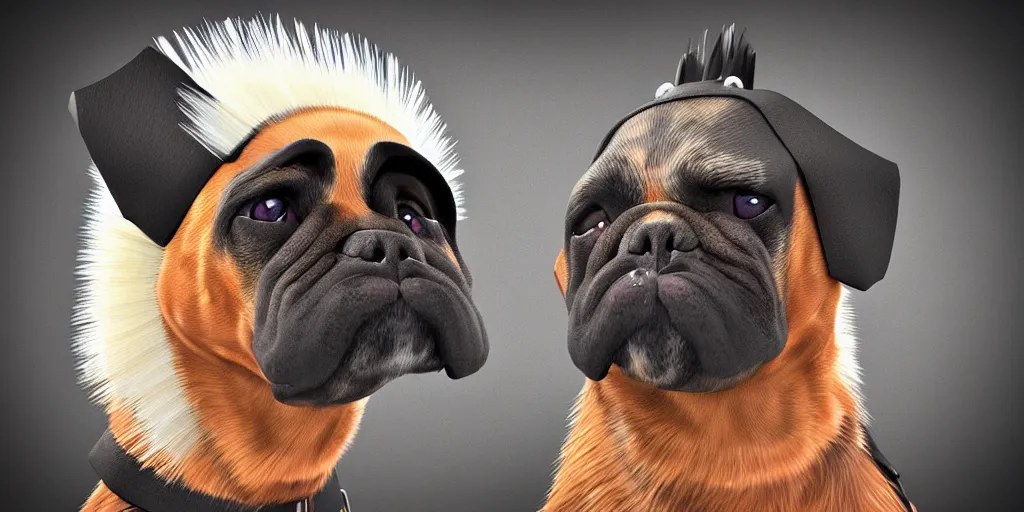 Image similar to portrait of a dog with a human mohawk hat, digital art, unreal engine