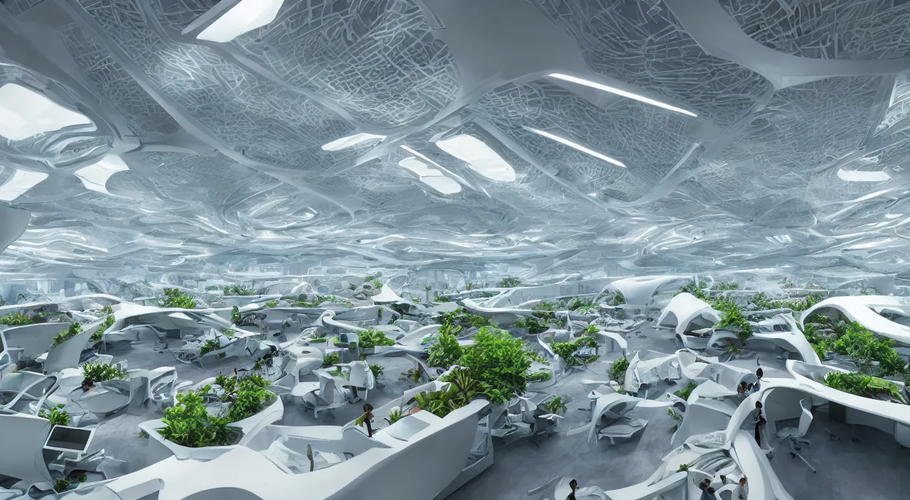 Prompt: futuristic open office with parks and plants, glowing computer screens, made with glossy white plastic and large windows and voluminous light and light rays, extremely intricate, very detailed, in style of zaha hadid, artstation, octane render, warm color highlights, cinematic lighting