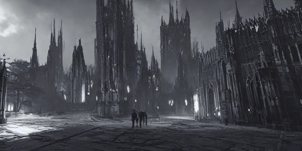 Image similar to grimdark tsutomu nihei aposimz gothic cathedral city, unreal engine, 8 k, ultra realistic, ultra detail