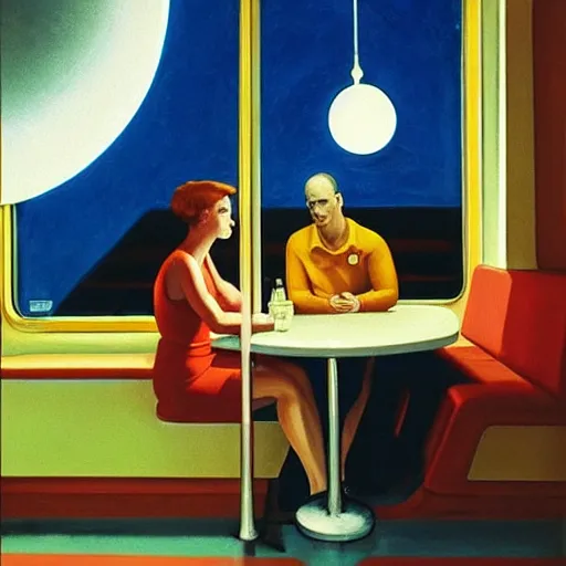 Prompt: two astronauts sitting in the corner booth at a greasy diner on the moon, edward hopper painting, iconic, stunning light