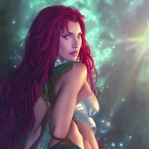 Image similar to ultra realistic illustration, bella thorne as starfire anime, intricate, elegant, highly detailed, digital painting, artstation, concept art, smooth, sharp focus, illustration, art by artgerm and greg rutkowski and alphonse mucha and wlop