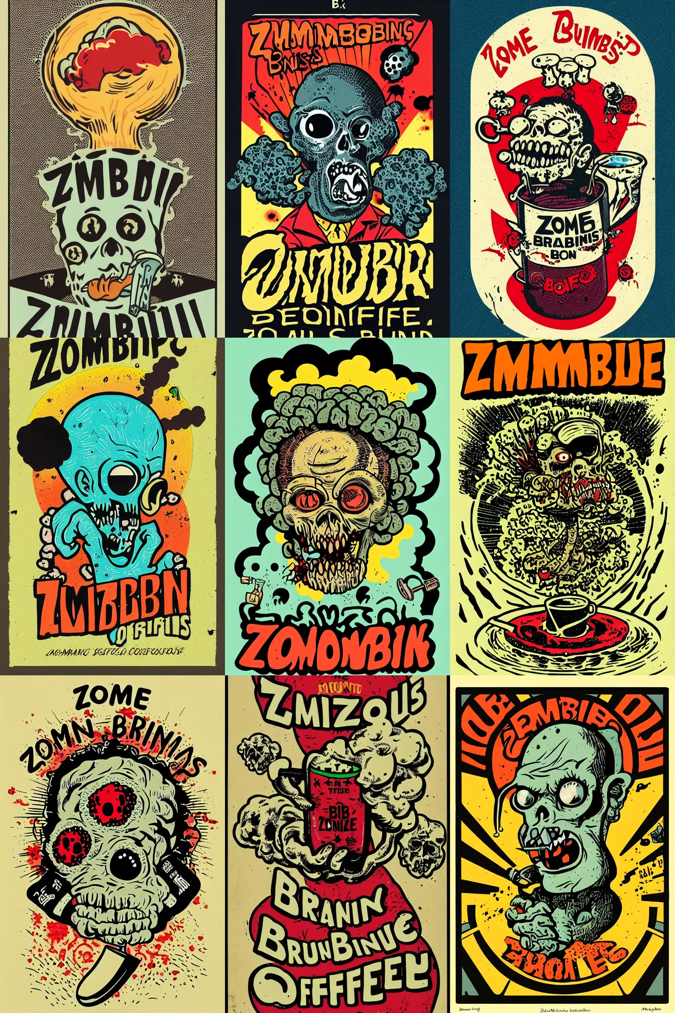 Prompt: zombie drinking brains coffee logo, atomic brain explosion, by mcbess, full colour print, vintage colours, mushroom cloud made of brains, 1950s