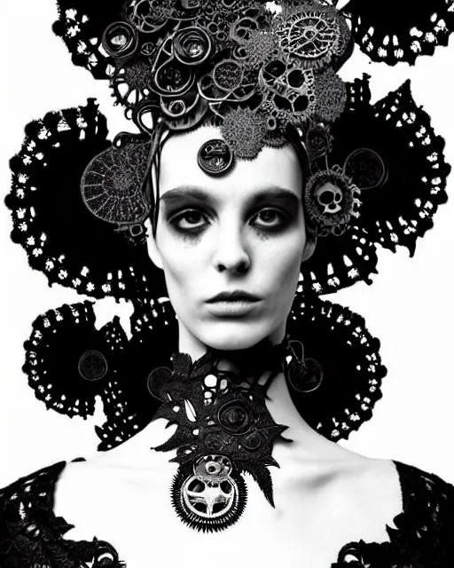 Image similar to surreal dark poetic black and white photo portrait of complex bio-mechanical beautiful young female vegetal-cyborg with a Mandelbrot fractal steampunk metal fine lace face, a very long neck and a fine metal floral foliage super big lace collar by Alexander McQueen:: smoke, high fashion, haute couture, rococo, steampunk, silver filigree details, anatomical, facial muscles, cable wires, microchip, elegant, dreamy, foggy atmosphere, hyper realistic, 150 mm lens, soft rim light, octane render, unreal engine, picture was taken in 1910 by Man Ray, volumetric lighting, dramatic light,8k,