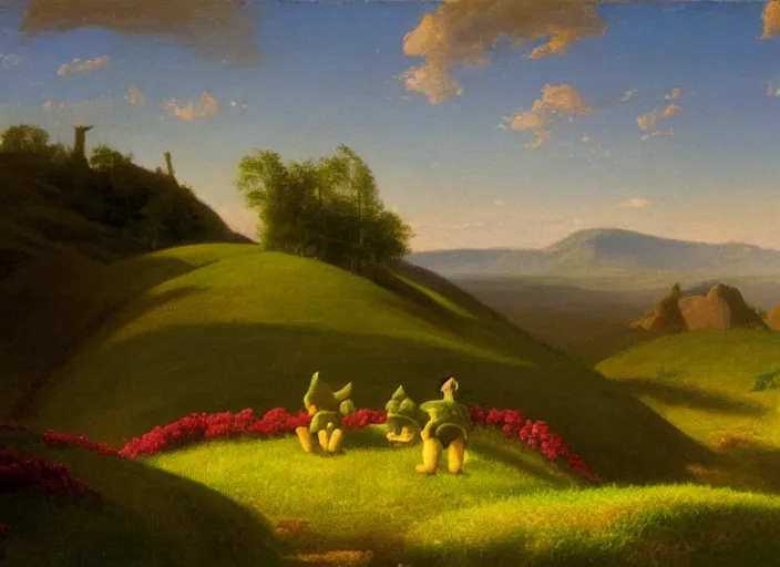 Image similar to american realist romanticism landscape painting of teletubbies in the style of hudson river school and thomas cole and albert bierstadt and robert duncanson