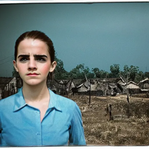 Image similar to film still, far view, landscape, emma watson soldier portrait close up in foreground, burning vietnam village, kodak ektachrome, blue tint expired film,