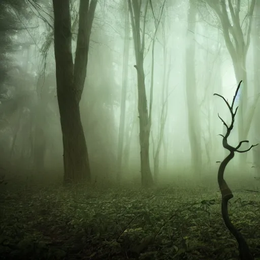 Image similar to eldritch horror emerging from the ground in a hauntend forest, foggy mysterious, creepy, cinematic, dramatic, 8k, horror, highly detailed, sharp focus, dynamic lighting, photograph, texture, giant scale