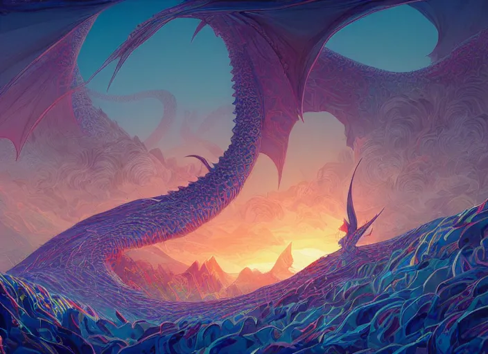 Image similar to psychedelic concept art of a dragon landscape made of thousands of spiraling dragons, cel shaded, in the style of makoto shinkai and moebius and peter mohrbacher and anton fadeev