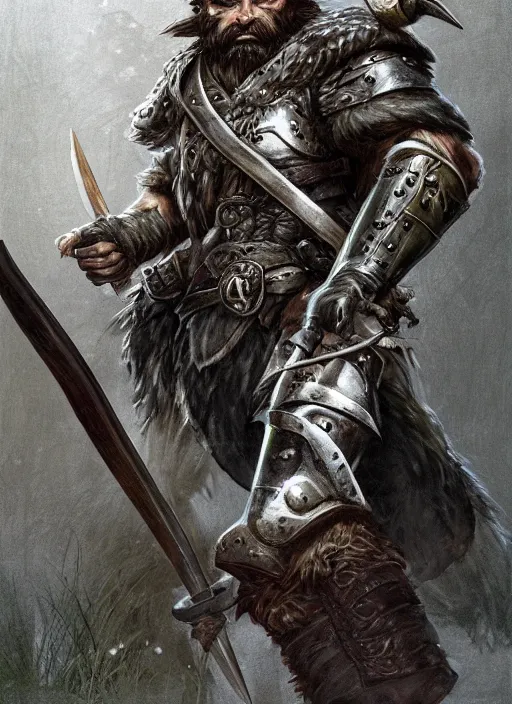 Image similar to strong young man, photorealistic bugbear ranger holding aflaming sword, black beard, dungeons and dragons, pathfinder, roleplaying game art, hunters gear, jeweled ornate leather and steel armour, concept art, character design on white background, by alan lee, norman rockwell, makoto shinkai, kim jung giu, poster art, game art