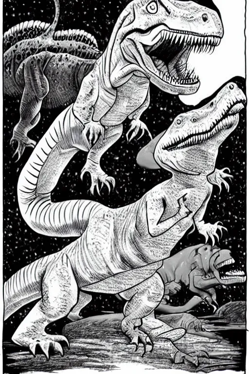 Image similar to trex and a dinosaur, art style ben garrison!!!!!!!!!!!!!!!! drawn by ben garrison, iconic, masterpiece, ornate and detailed, cartoon