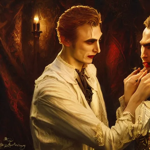 Image similar to attractive male, arthur pendragon confesses his love to attractive male dracula the vampire. highly detailed painting by gaston bussiere, craig mullins, j. c. leyendecker 8 k