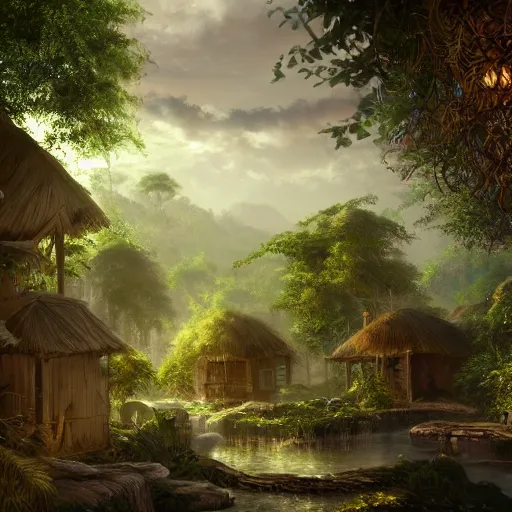 Image similar to the village in a bright jungle, dramatic lighting, oil painting, pale colors, high detail, 8 k, wide angle, trending on artstation,