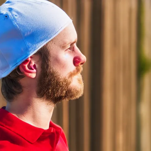 Image similar to young white guy in a red bandana staring at a blue sky with a fence in the background, photo, photoshoot, detailed