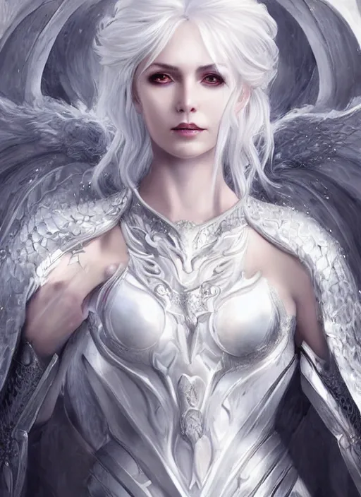 Prompt: a ruthless beautiful woman archangel white hair back armor paladin, 8 k, hyperrealistic, dragon slayer, hyperdetailed, fantasy portrait by laura sava