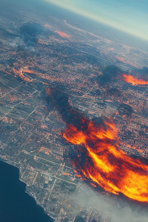 Prompt: airplane window view, aerial imagery, huge fire, very detailed, trending on artstation