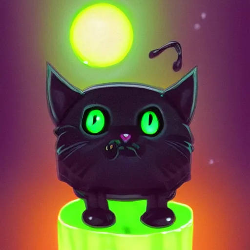 Image similar to digital art of cute black slime monster in form of slime cat with yellow glowing eyes, Digital 2D