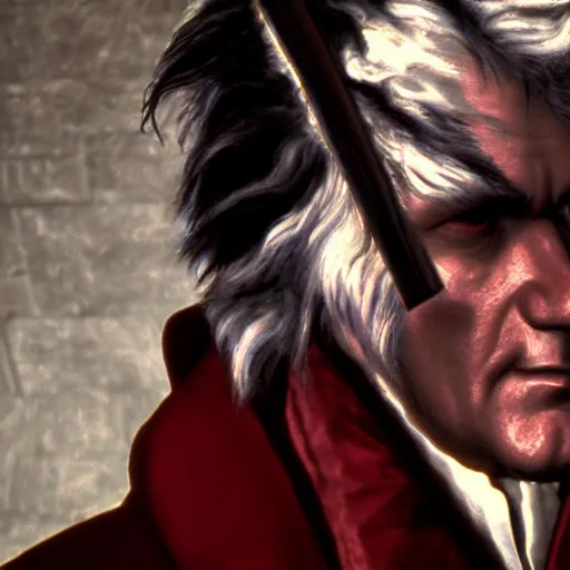 Image similar to Beethoven as a character in Devil May Cry, film still, photorealistic, full shot