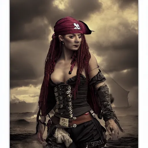 Image similar to full body pose, hyperrealistic photograph of a pirate woman, dim volumetric lighting, 8 k, octane beautifully detailed render, extremely hyper detailed, intricate, epic composition, cinematic lighting, masterpiece, trending on artstation, very very detailed, stunning, hdr, smooth, sharp focus, high resolution, award, winning photo, dslr, 5 0 mm
