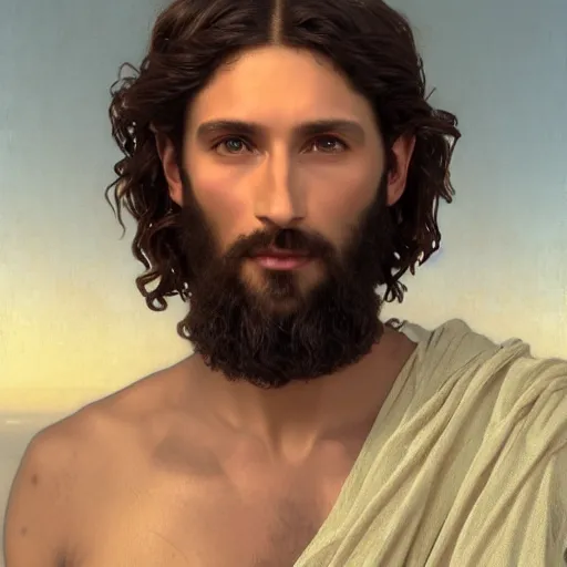 Prompt: an extremely detailed matte painting of a ridiculously good looking jesus that looks like a jewish gigachad with his 1 2 apostle entourage, long curly hair, elegant ancient greek dress, very detailed, windy beach, beautiful, intricate, cinematic, artstation, william bouguereau, alphonse mucha, greg rutkowski, rossdraws, octane render