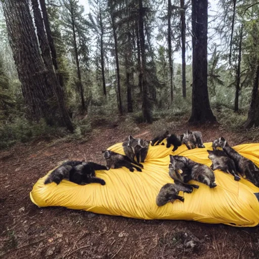 Image similar to a pack of wolves encircling a sleeping bag in a forest