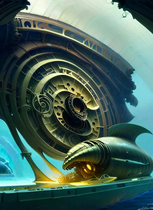 Image similar to epic concept illustration, highly detailed, intricate mechanical design, hard science concept art, underwater nautilus submarine being prepared for launch, by greg rutkowski and alphonse mucha. uhd, cinematic lighting, amazing depth, cinematography by 2 0 1 7