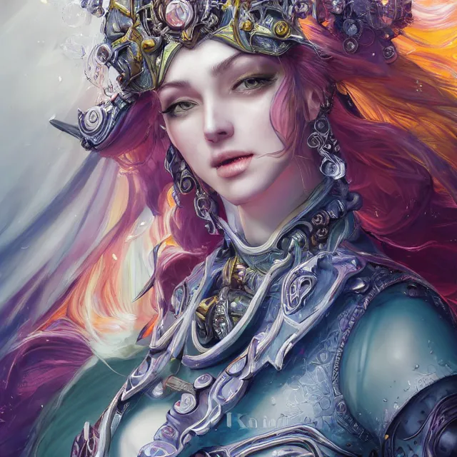 Image similar to studio portrait of lawful good colorful female holy mech paladin as absurdly beautiful, elegant, young sensual pretty woman, ultrafine hyperrealistic detailed face illustration by kim jung gi, irakli nadar, intricate linework, sharp focus, bright colors, matte, octopath traveler, final fantasy, unreal engine highly rendered, global illumination, radiant light, intricate environment